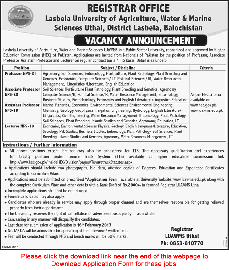 LUAWMS Uthal Jobs 2017 Lasbela Application Form Teaching Faculty Latest