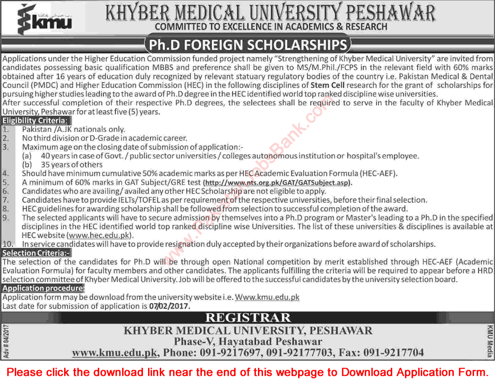 Khyber Medical University Peshawar PhD Foreign Scholarships 2017 Application Form Download Latest