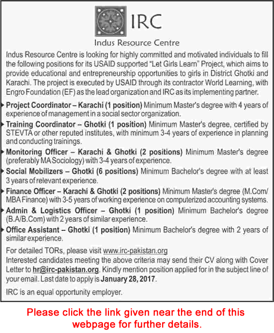 Indus Resource Centre Pakistan Jobs 2017 IRC Social Mobilizers, Finance Officers & Others Latest