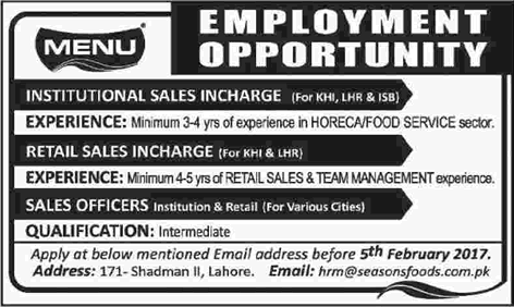 Seasons Foods Pvt Ltd Jobs 2017 Pakistan Sales Officers & Incharge Latest