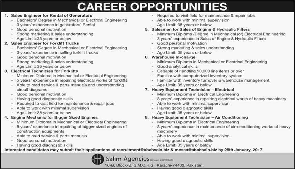 Salim Agencies Karachi Jobs 2017 Sales Engineers, Electrical Technicians & Others Latest