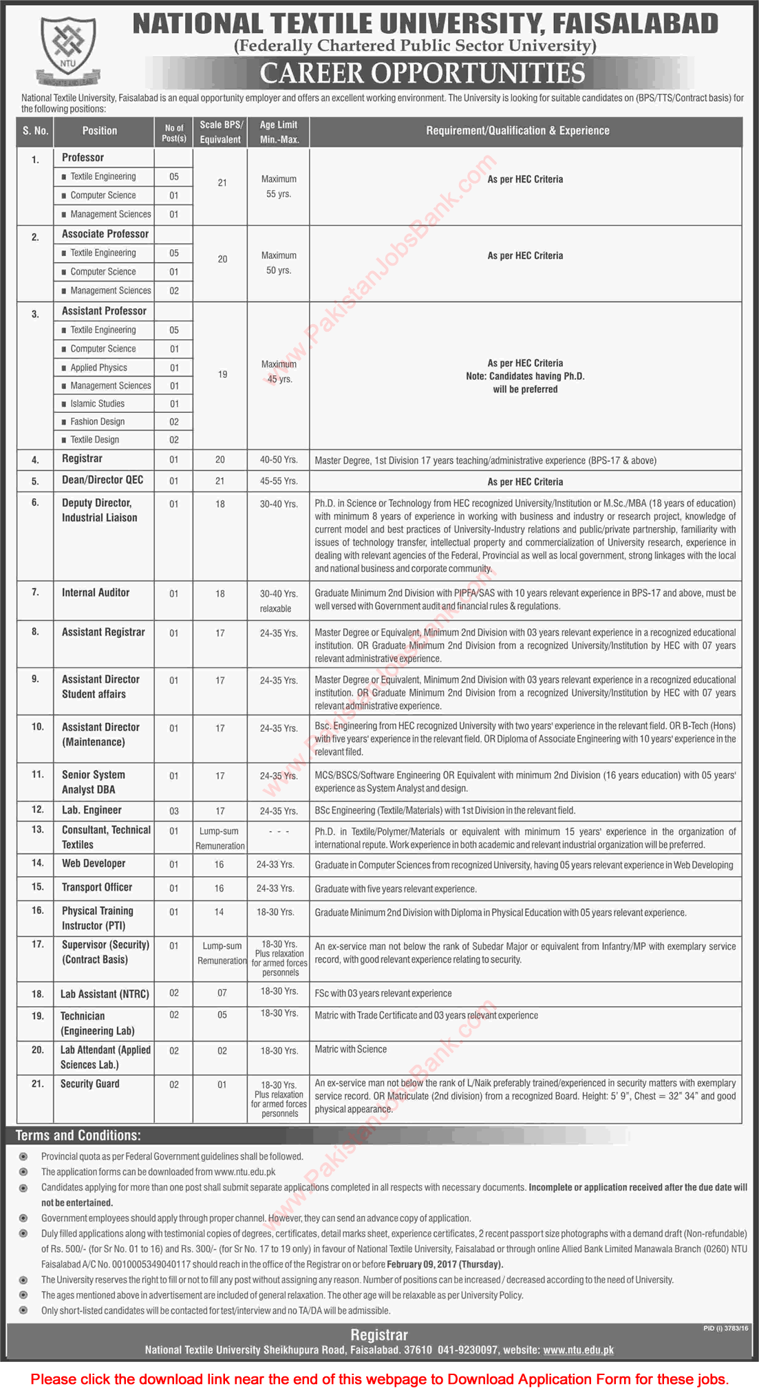 National Textile University Faisalabad Jobs 2017 NTU Application Form Teaching Faculty & Others Latest