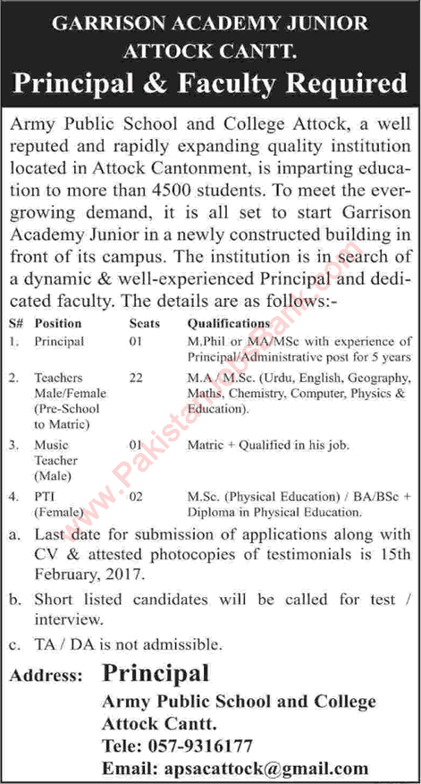 Army Public School and College Attock Jobs 2017 Garrison Academy Junior Teachers & Others Latest