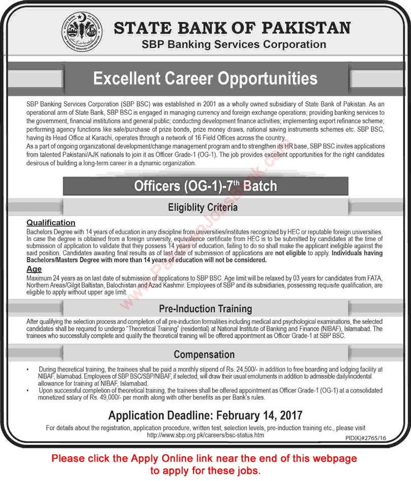 State Bank of Pakistan Jobs 2017 SBP Apply Online Officer Grade-I (OG-I) 7th Batch Latest / New