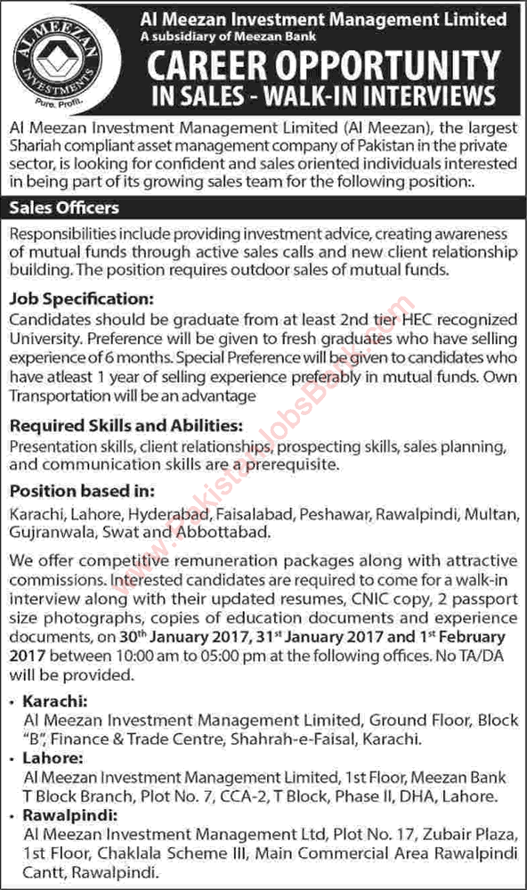 Sales Officer Jobs in Al Meezan Investment Management Pakistan 2017 January Latest / New