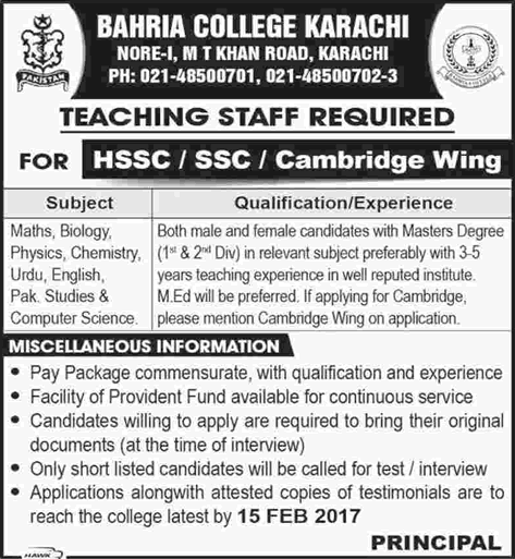 Bahria College Karachi Jobs 2017 January Teaching Faculty Latest