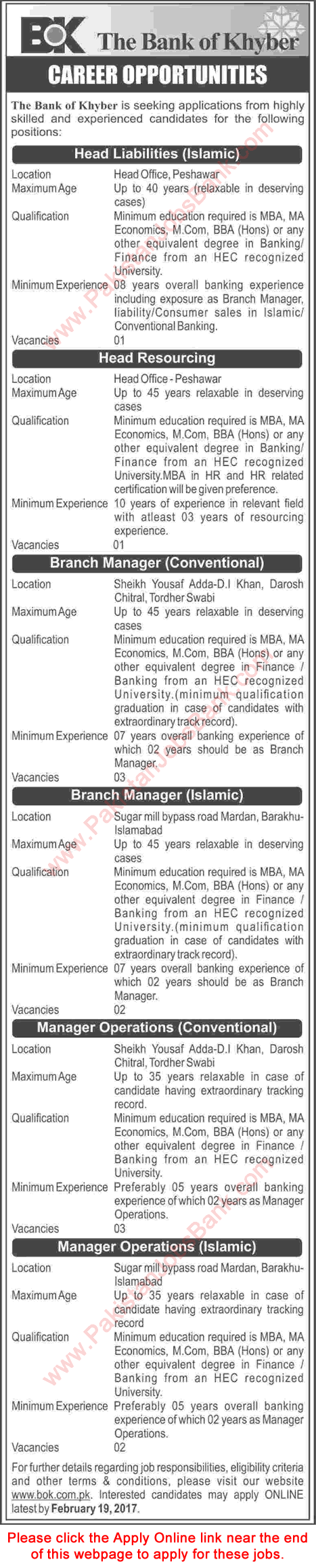 Bank of Khyber Jobs 2017 February Apply Online Branch / Operation Managers & Others BOK Latest