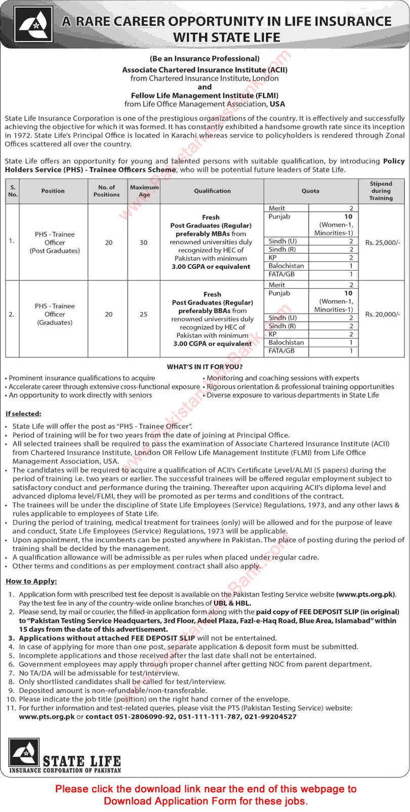 State Life Insurance Corporation PHS Trainee Officers Scheme 2017 February Jobs PTS Application Form Latest