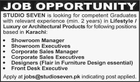 Studio Seven Karachi Jobs 2017 February Sales Managers / Executives, Designers & Others Latest
