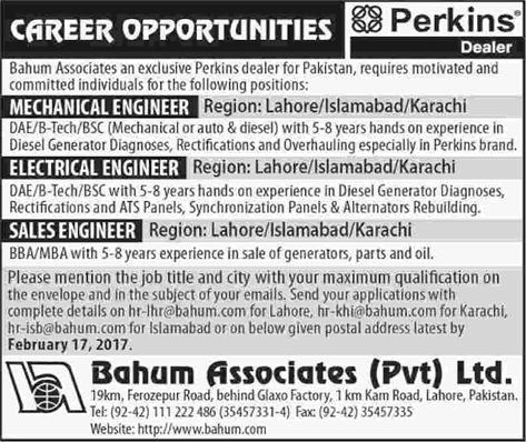 Bahum Associates Pakistan Jobs 2017 February Mechanical, Electrical & Sales Engineers Latest