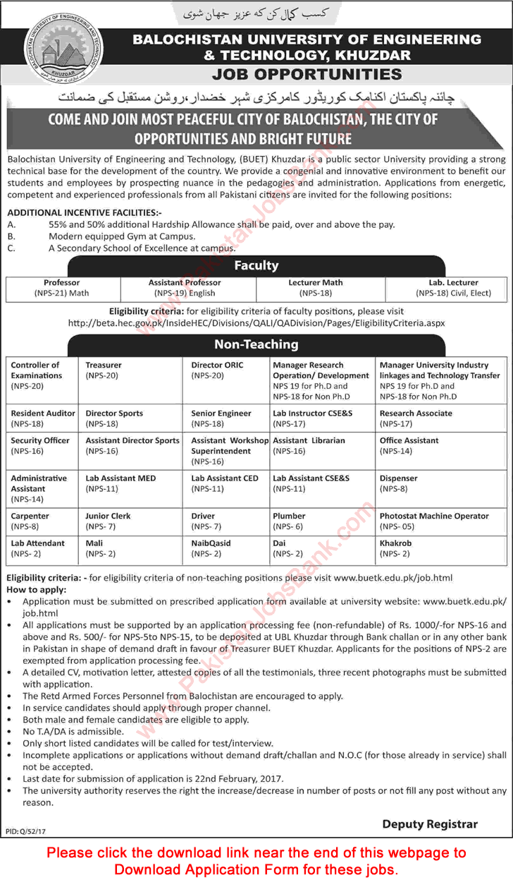 Balochistan University of Engineering and Technology Khuzdar Jobs 2017 February BUET Application Form Latest