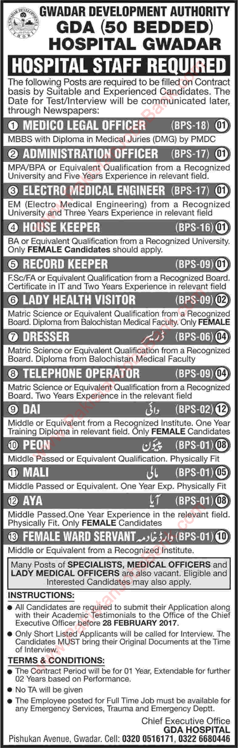 GDA Hospital Gwadar Jobs 2017 February Telephone Operators, Peon, Ward Servants & Others Latest