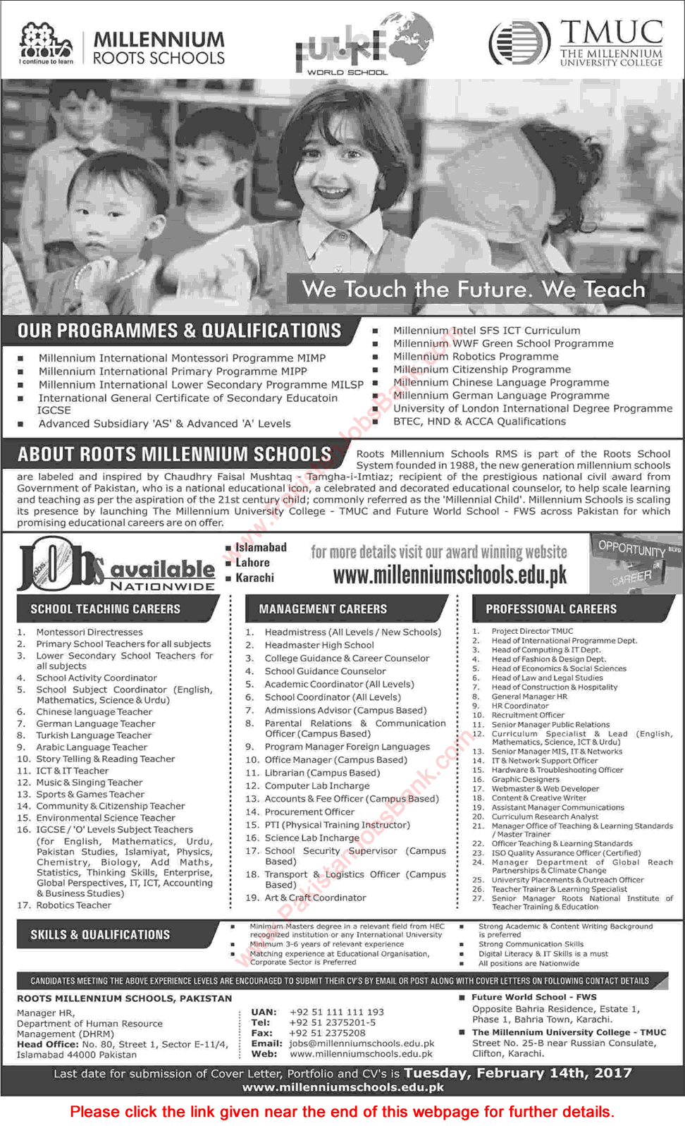 Millennium Roots Schools Jobs 2017 February Pakistan Teachers, Management & Admin Staff Latest