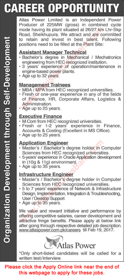 Atlas Power Limited Sheikhupura Jobs 2017 February Apply Online Management Trainee & Others Latest