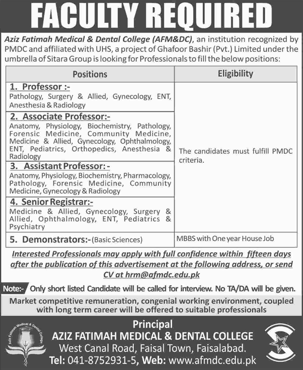 Aziz Fatimah Medical and Dental College Faisalabad Jobs 2017 February Teaching Faculty Latest