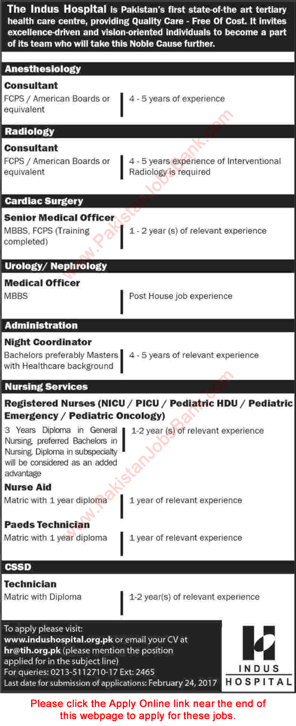 Indus Hospital Karachi Jobs February 2017 Apply Online Medical Officers, Nurses & Others Latest