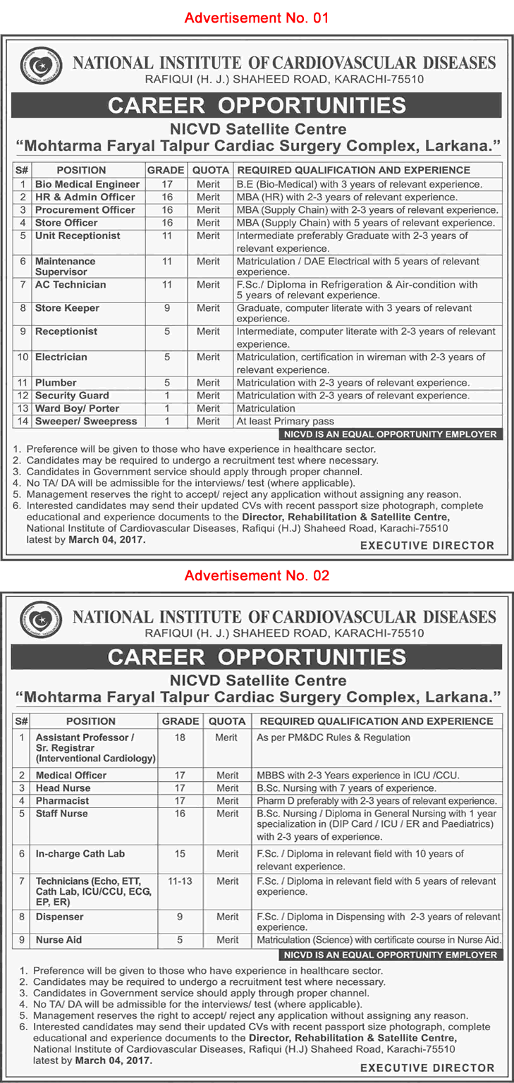 NICVD Jobs 2017 February Mohtarma Faryal Talpur Cardiac Surgery Complex Larkana Latest