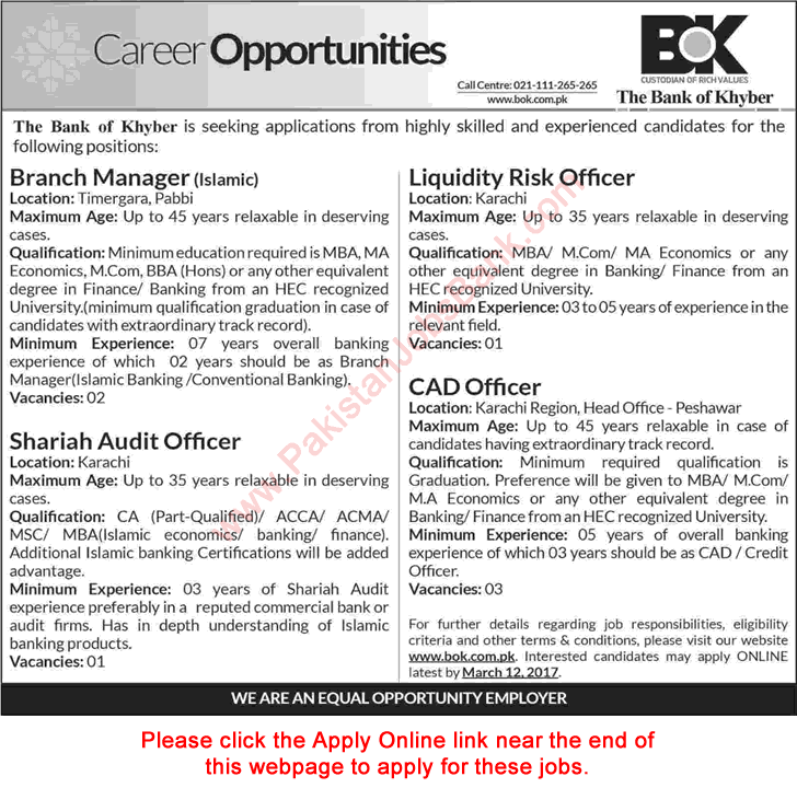 Bank of Khyber Jobs February 2017 Apply Online CAD Officers, Branch Managers & Others Latest