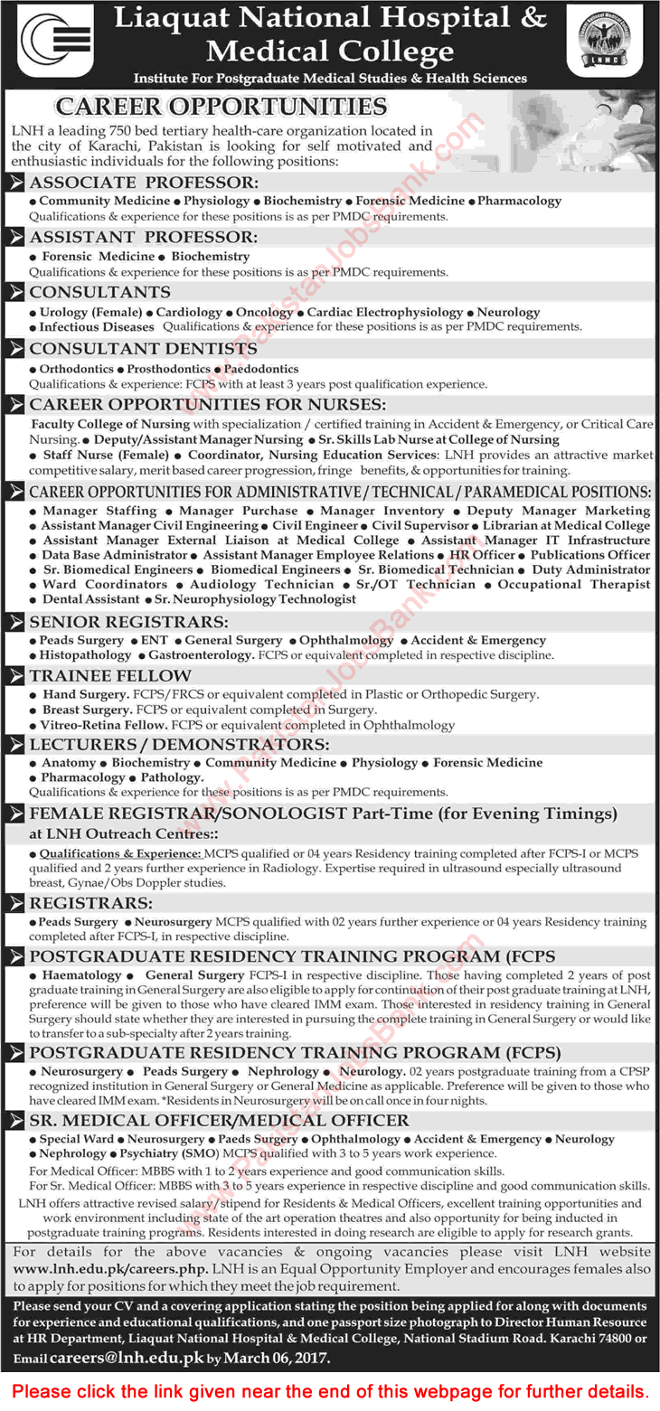 Liaquat National Hospital Karachi Jobs 2017 February LNH&MC Teaching Faculty, Medical Officers & Others Latest