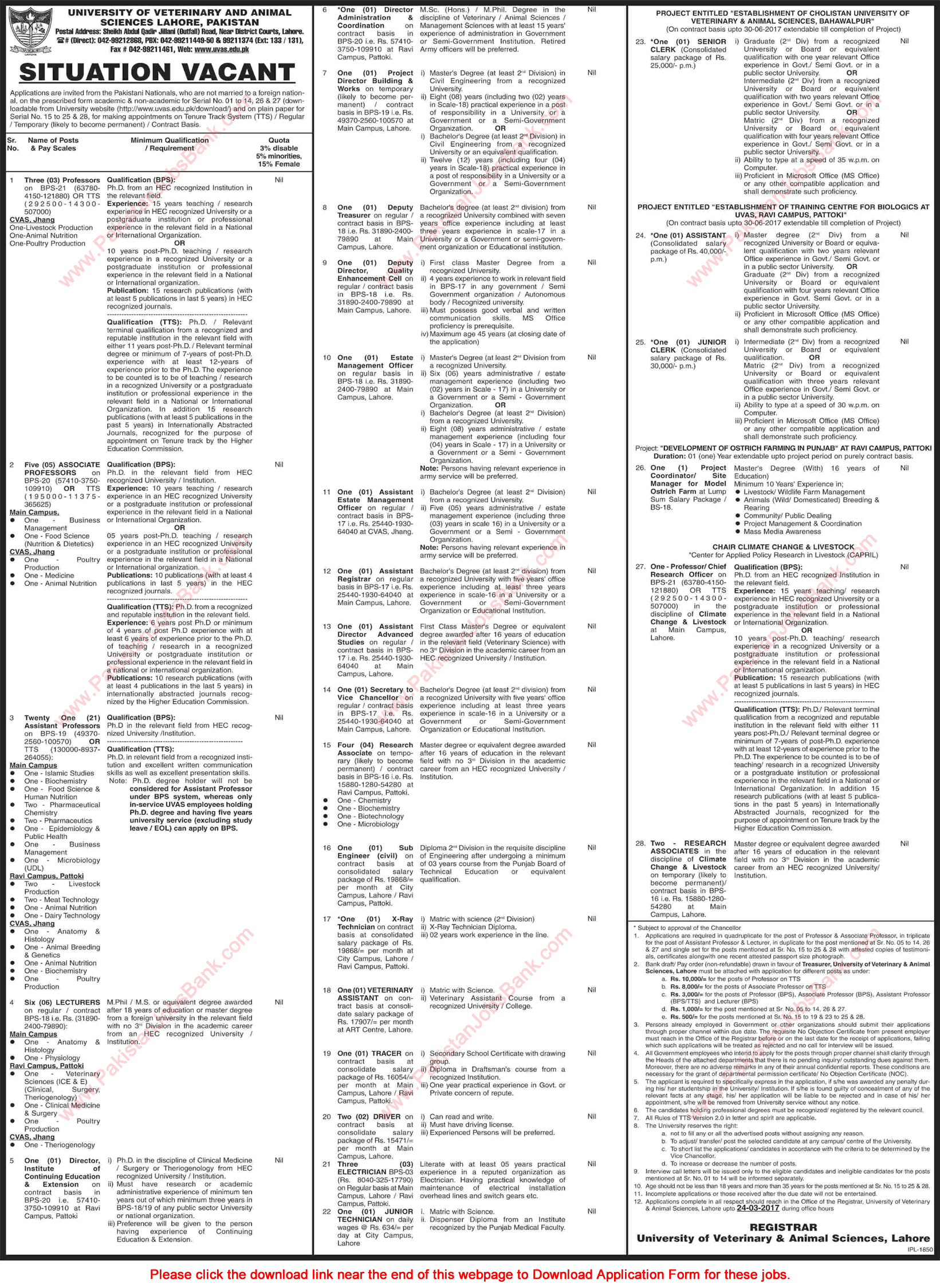 University of Veterinary and Animal Sciences Lahore Jobs 2017 February Application Form Teaching Faculty & Others Latest