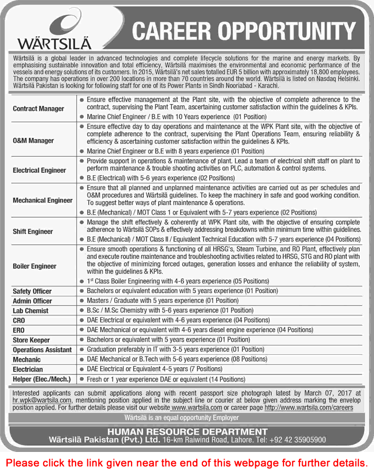Wartsila Pakistan Pvt Ltd Jobs 2017 February Karachi Engineers, Mechanics, Electricians & Others Latest