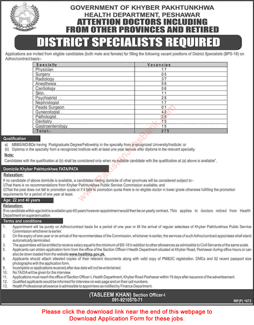 Specialist Doctor Jobs in Health Department KPK 2017 March Application Form Download Latest