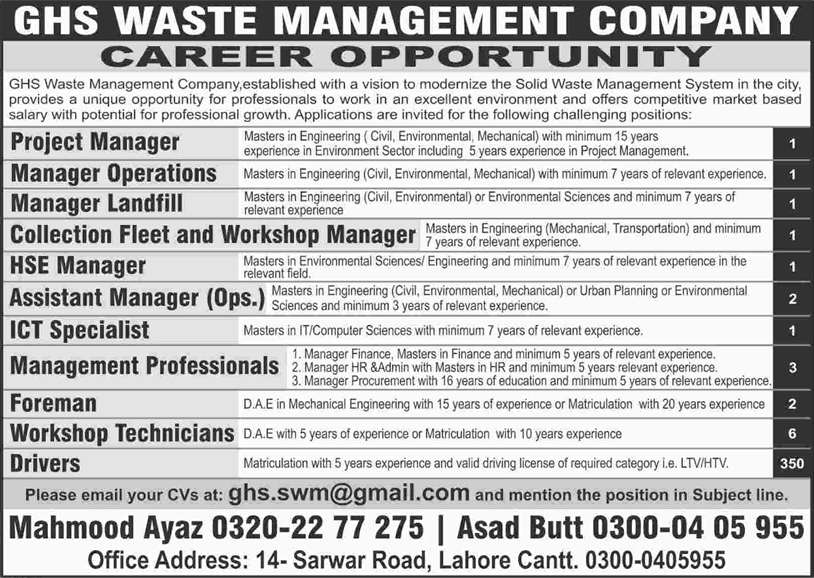 GHS Waste Management Company Jobs 2017 March Drivers, Technicians & Others Latest