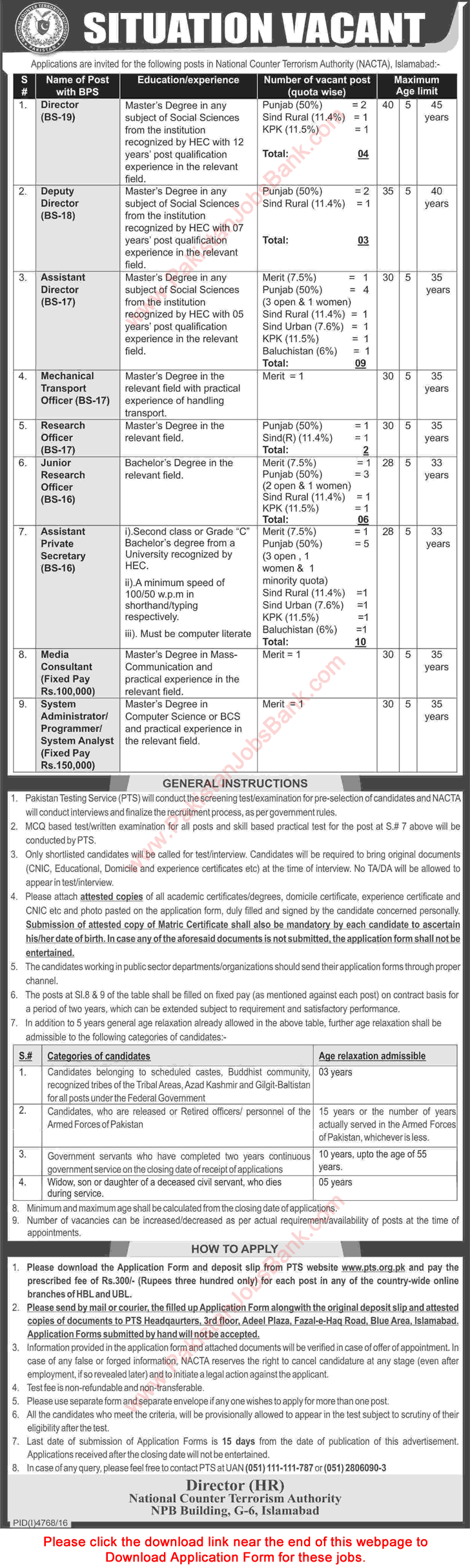 NACTA Jobs March 2017 Islamabad PTS Application Form Assistant Directors, Private Secretaries & Others Latest