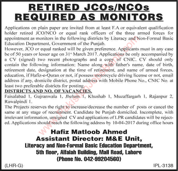 Monitor Jobs in Literacy Department Punjab March 2017 L&NFBED for Retired JCO / NCO Latest