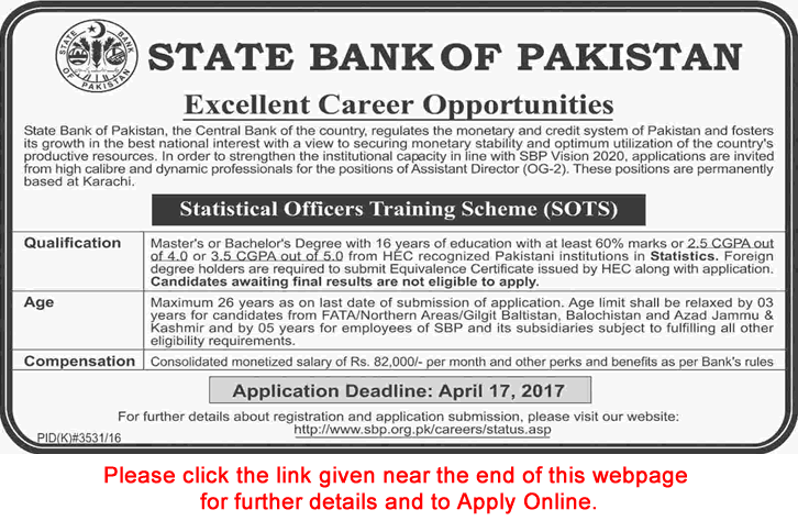 State Bank of Pakistan Jobs March 2017 Apply Online Assistant Directors Statistical Officers Training Scheme SOTS Latest