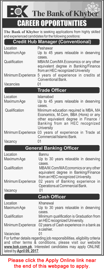 Bank of Khyber Jobs March 2017 Apply Online Cash / Trade Officers, GBO & Credit Hub Manager Latest