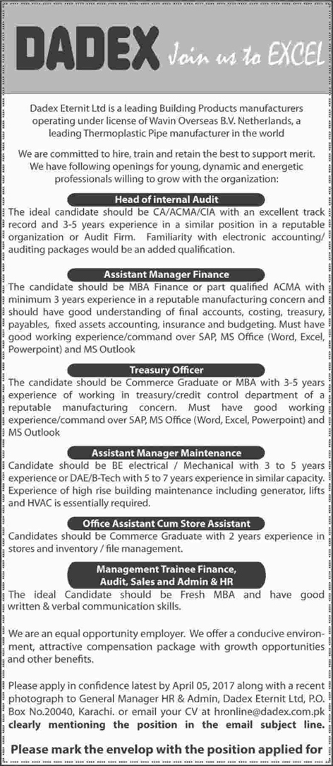 Dadex Eternit Ltd Karachi Jobs 2017 March Management Trainees, Office Assistants & Others Latest