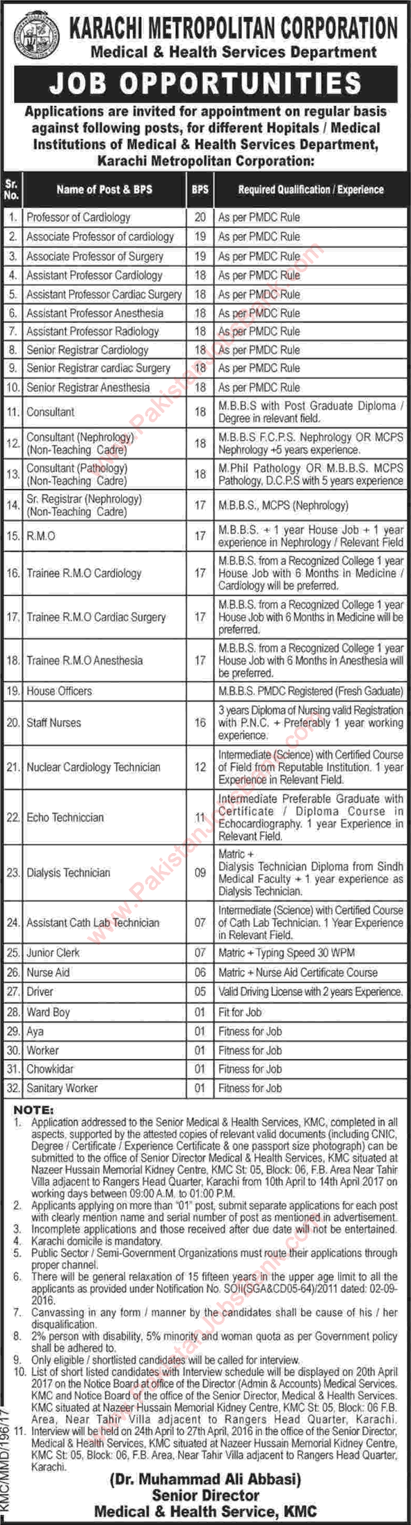 Karachi Metropolitan Corporation Jobs 2017 April Teaching Faculty, Medical Officers, Nurses & Others Latest