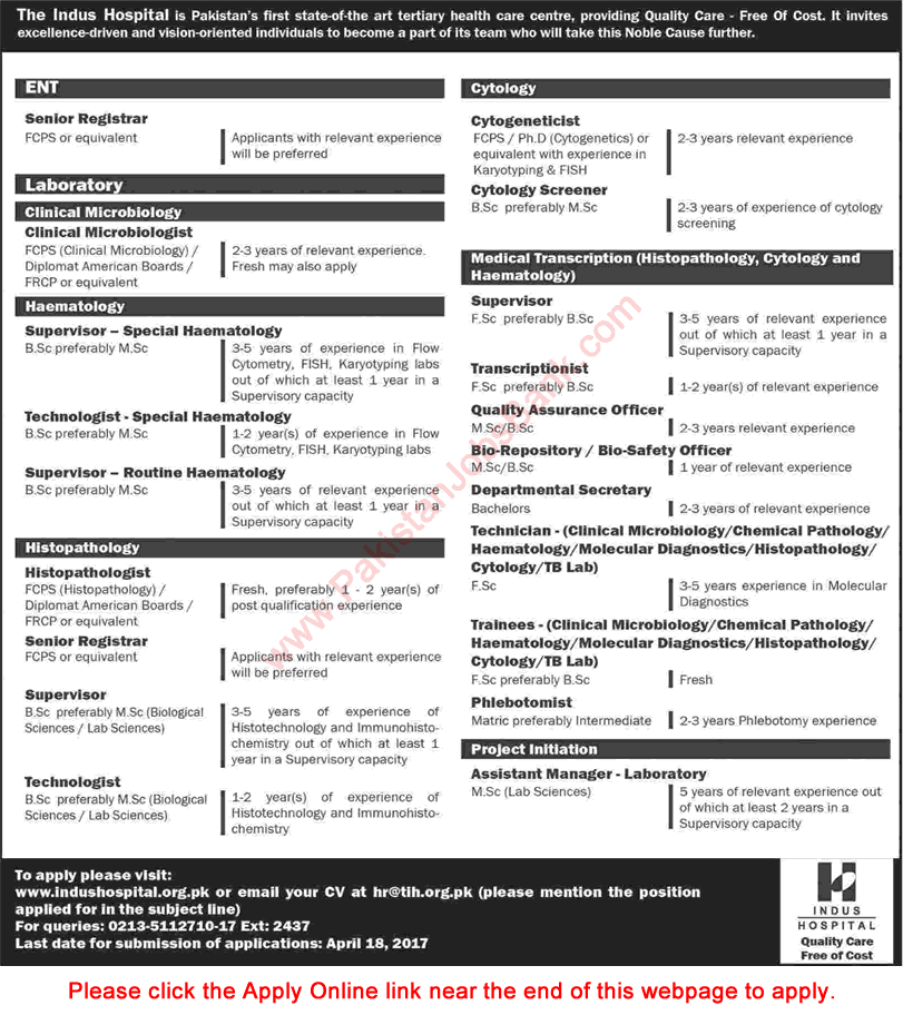 Indus Hospital Karachi Jobs April 2017 Apply Online Trainees, Technicians & Others Latest