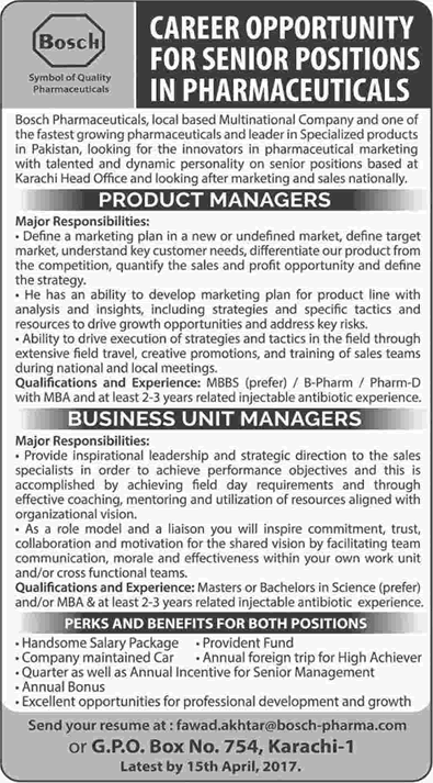 Bosch Pharmaceuticals Pvt Ltd Jobs 2017 April Business Unit & Product Managers Latest