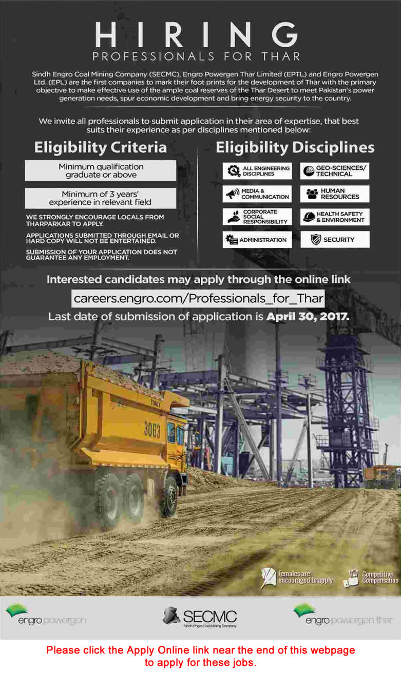 Sindh Engro Coal Mining Company Jobs 2017 April Apply Online SECMC Latest Advertisement