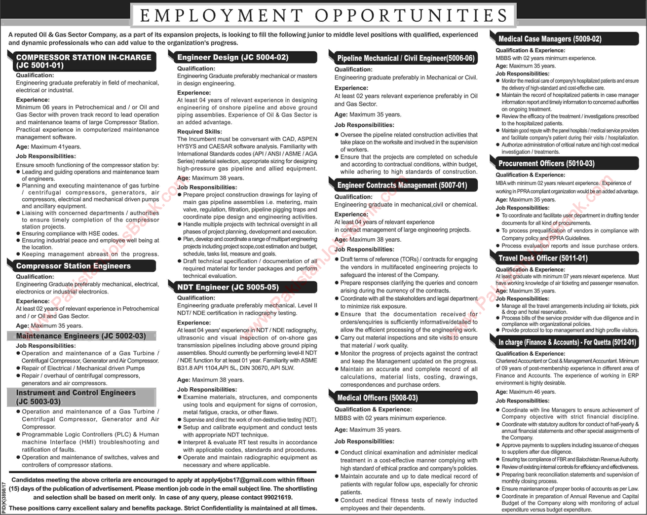 Oil and Gas Sector Company Jobs in Pakistan 2017 April Compressor Station Engineers & Others Latest