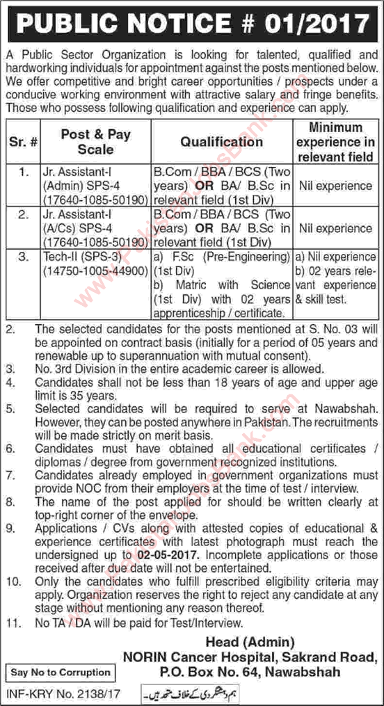 NORIN Cancer Hospital Nawabshah Jobs 2017 April Junior Assistants & Technicians PO Box 64 Latest