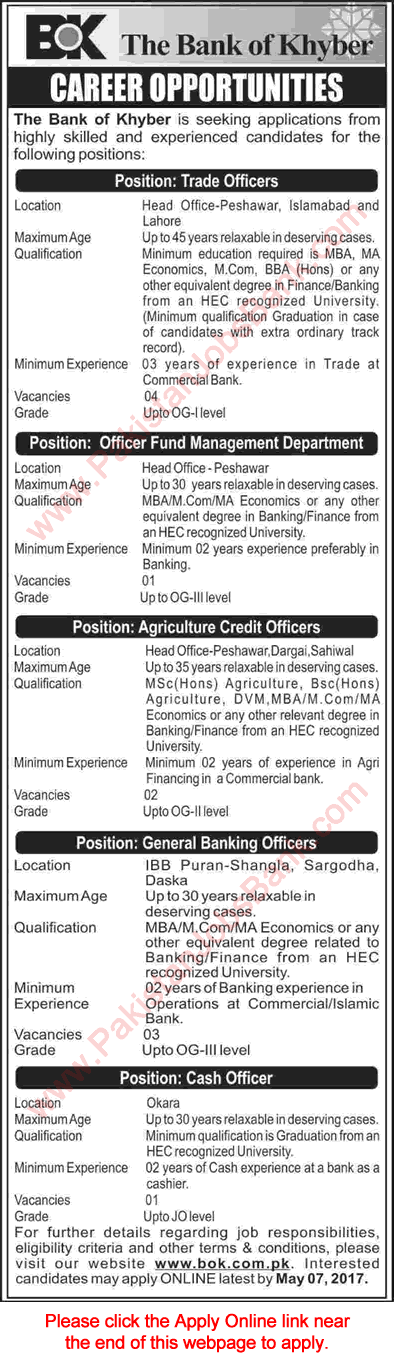 Bank of Khyber Jobs April 2017 Apply Online General Banking Officers, Trade Officers & Others Latest