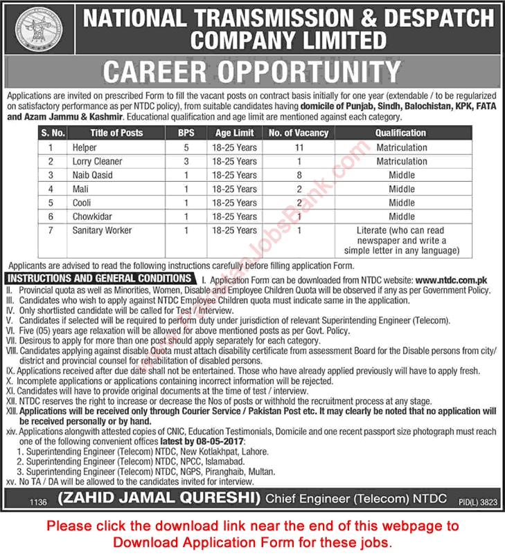 NTDC Jobs April 2017 Application Form Helpers, Naib Qasid, Mali, Chowkidar & Others Latest