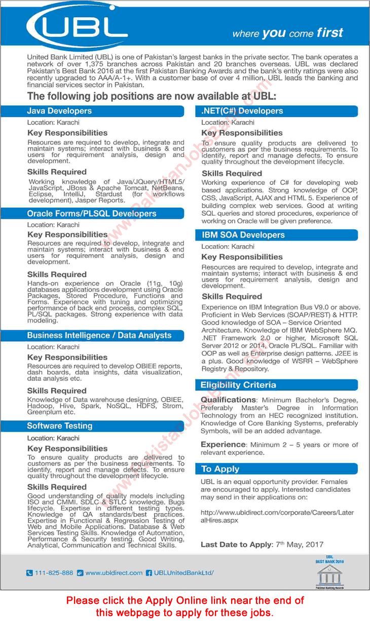 UBL Jobs April 2017 Apply Online Karachi Java / .Net Developers & Others United Bank Limited Latest