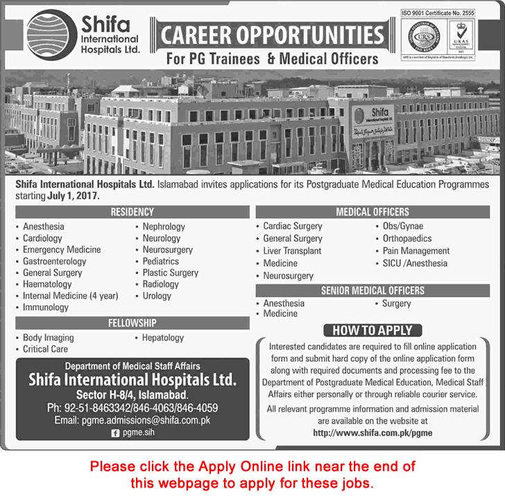 Shifa International Hospital Islamabad Jobs April 2017 Apply Online PG Trainees & Medical Officers latest