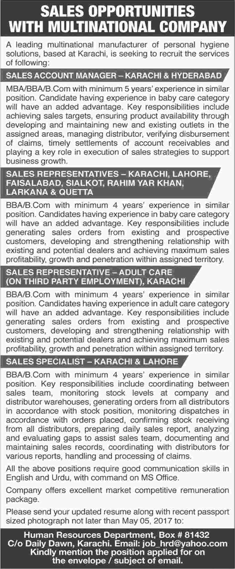 Sales Jobs in Pakistan April 2017 Sales Representatives, Specialists & Accounts Manager Latest
