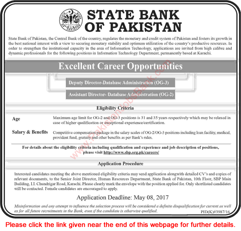 State Bank of Pakistan Jobs April 2017 SBP Deputy / Assistant Directors Database Administration Latest