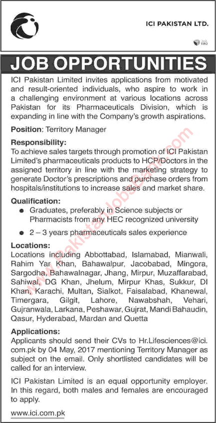 Territory Manager Jobs in ICI Pakistan 2017 April / May Latest