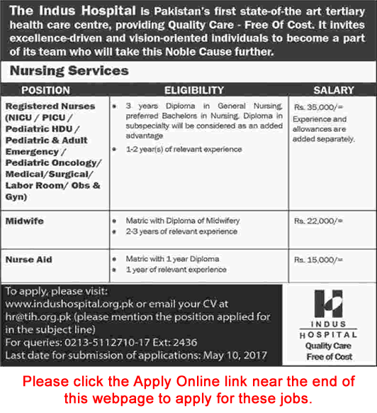 Indus Hospital Karachi Jobs April 2017 May Apply Online Nurses, Midwife & Nurse Aid Latest