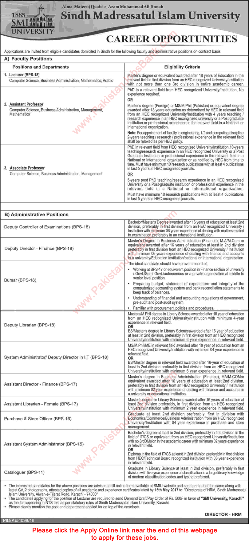 SMI University Karachi Jobs April 2017 May Apply Online Teaching Faculty & Admin Staff Latest