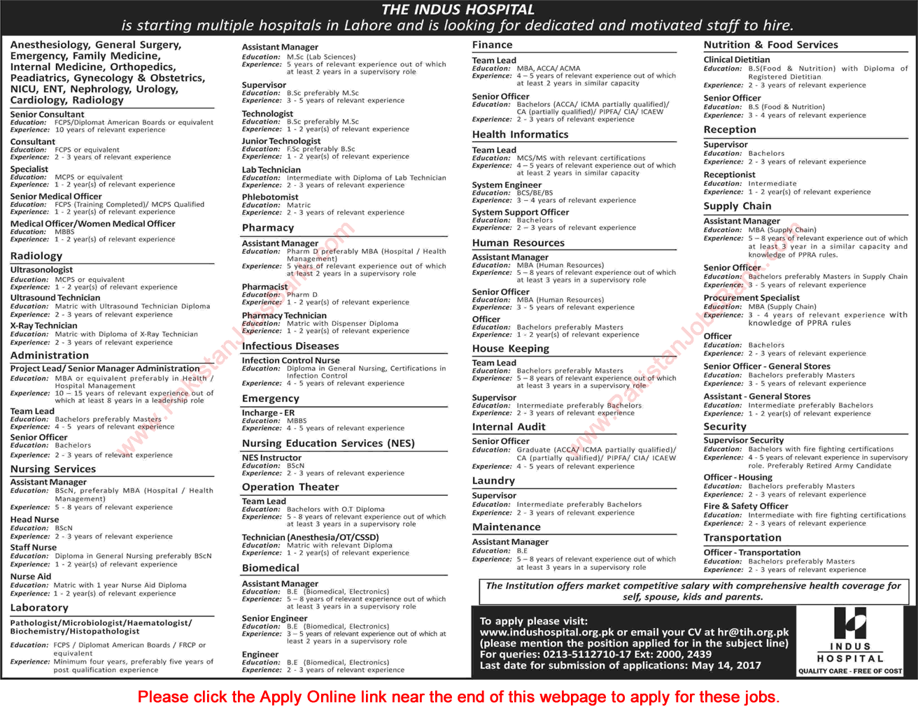 Indus Hospital Lahore Jobs May 2017 Apply Online Medical Officers, Specialist Doctors, Nurses & Others Latest