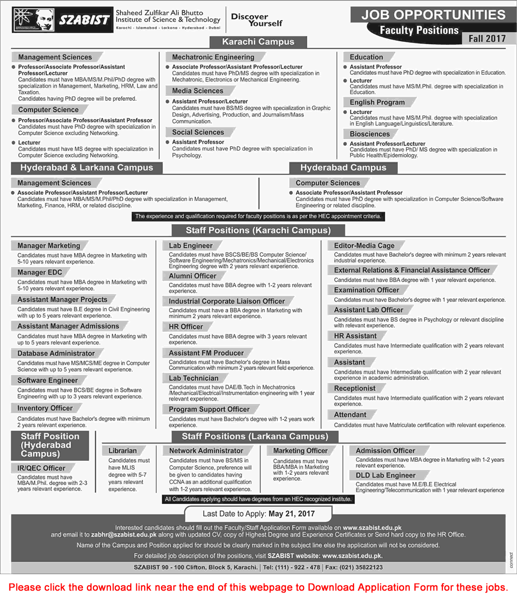 SZABIST Jobs 2017 May Application Form Teaching Faculty, Lab Engineers, Admin & Support Staff Latest