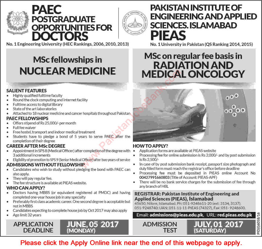 PAEC Fellowships May 2017 Postgraduate / MSc Nuclear Medicine Program at PIEAS Apply Online Latest